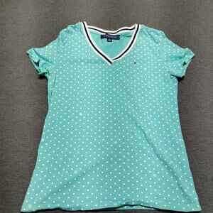 Tommy Hilfiger Polka Dot T-Shirt Womens XS Green White V-Neck Tee